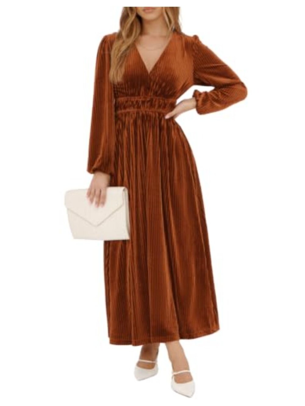 Velvet V-Neck Long Sleeve Maxi Dress High Waist Formal Evening